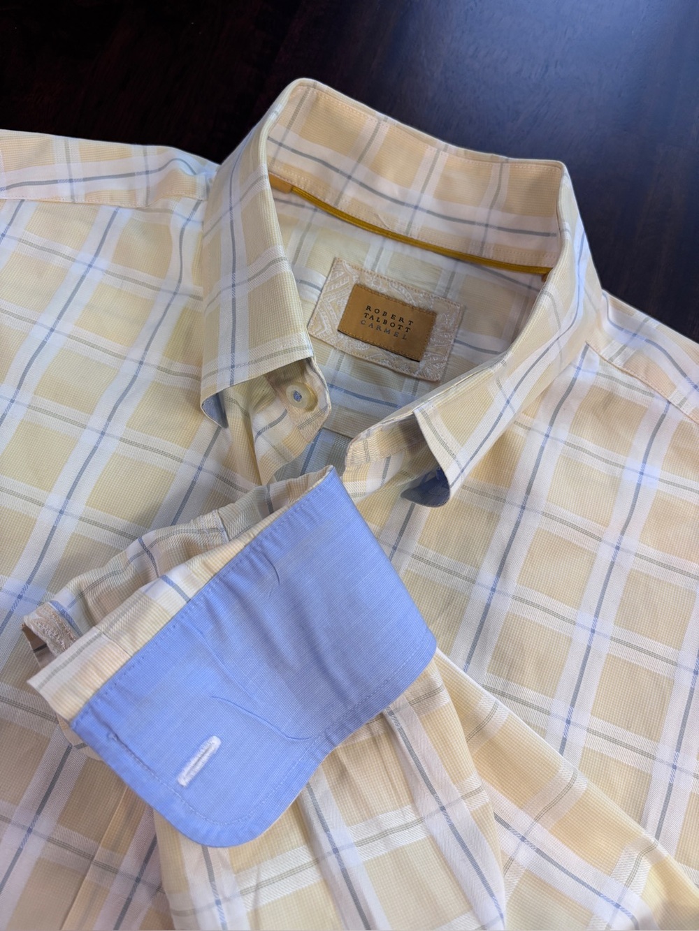 Robert Talbott Yellow Plaid Dress Shirt with Light Blue Contrast Cuff
